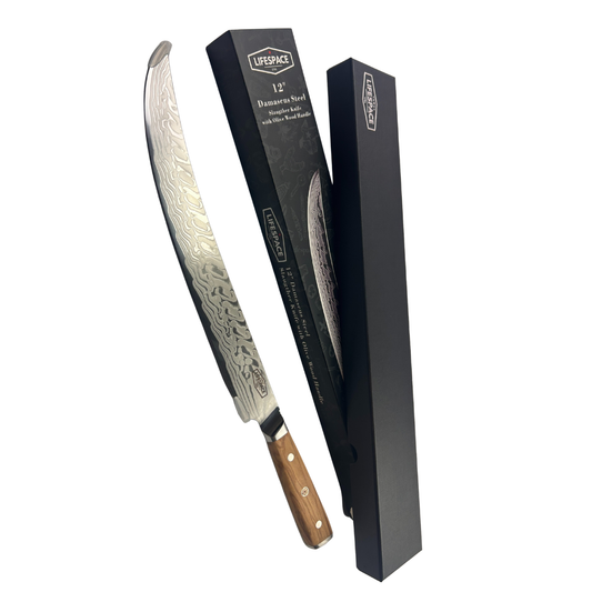 Lifespace Luxury 12" Olive Wood Handle Full Tang Damascus Blade Slaughter Chef Knife