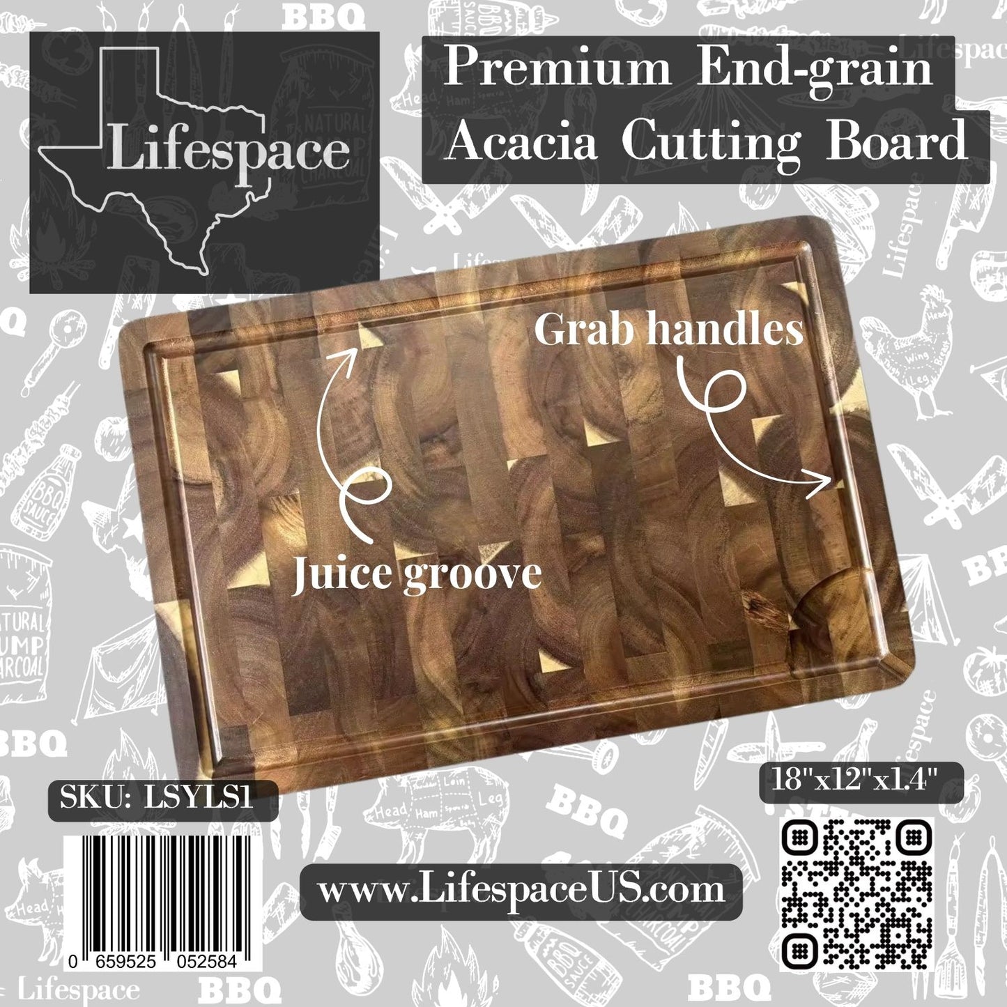 Texas Barbecue Premium Acacia End-Grain Cutting Board - 18" x 12"