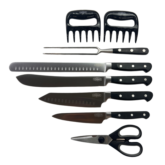 Lifespace 9-piece FDA Approved Quality Chef Knife & Tool Set in a Black Wax Canvas Knife Roll