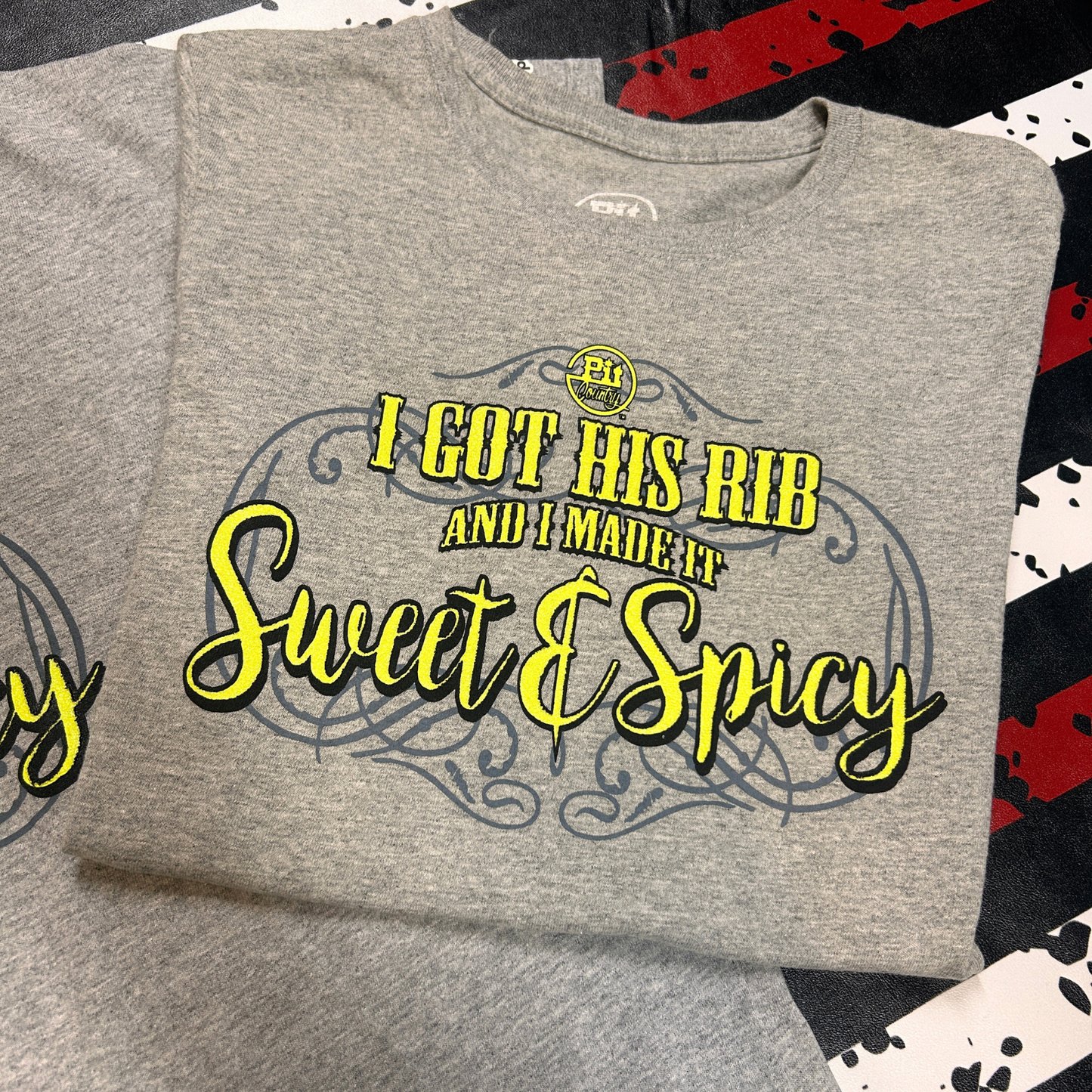Pit Country Premium Graphic Crewneck Ladies T-Shirt - “I got his rib & I made it sweet & spicy”