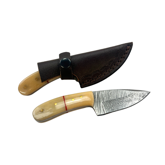 Lifespace Hand Forged Damascus Steel Mini Knife with Camel Bone Handle and Leather Sheath