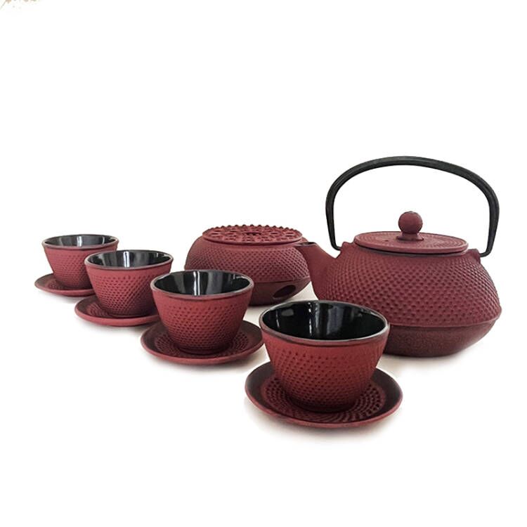 Lifespace Luxury Cast Iron 600ml Teapot Set with SS Filter, Trivet & 4 Cups - avail in Red & Green