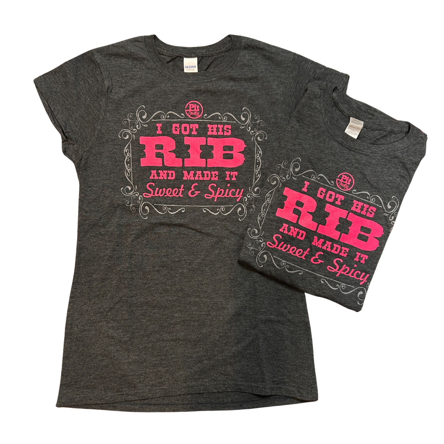 Pit Country Premium Graphic Crewneck Ladies T-Shirt - “I Got his Rib & I Made it Sweet & Spicy”
