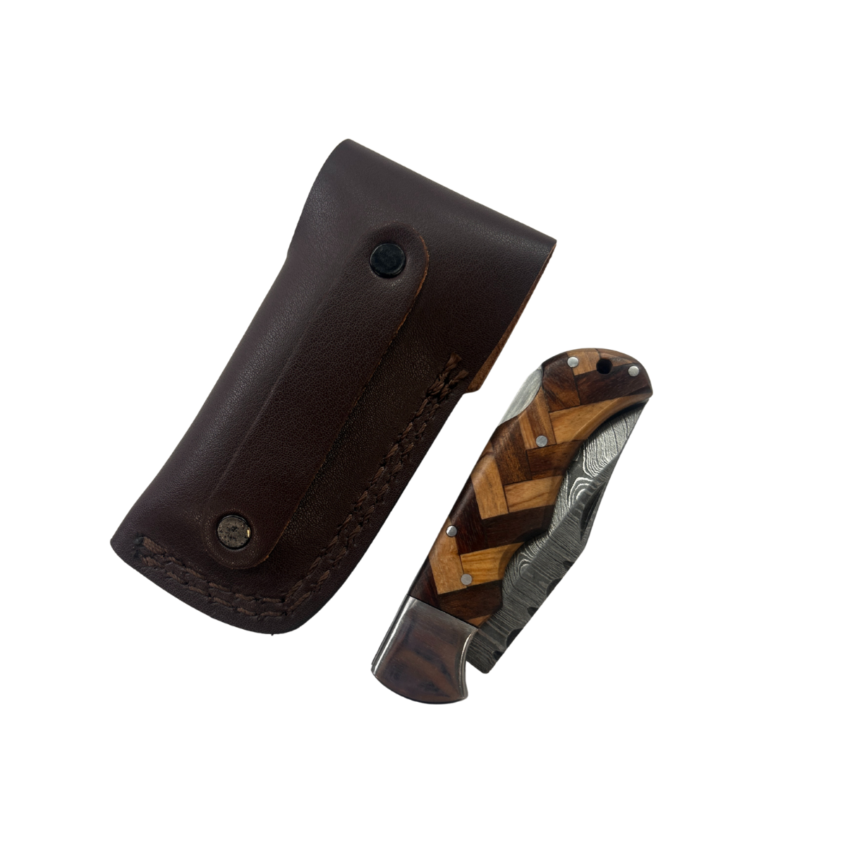 Lifespace Damascus Steel Folding Knife with Leather Pouch and Rose & Olive Wood Handle