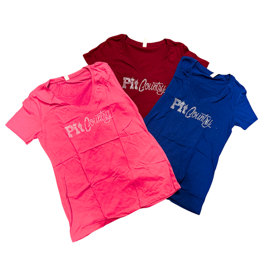 Pit Country Premium Graphic V-Neck Ladies Rhinestone T-Shirt - “Pit Country”