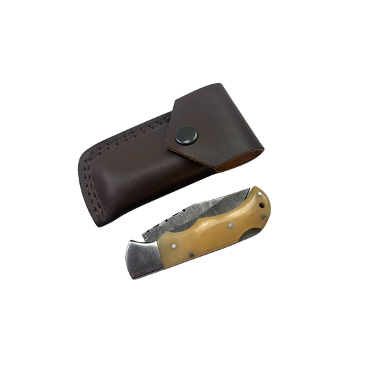 Lifespace Damascus Steel Folding Pocket Knife with Camel Bone Handle and Leather Pouch