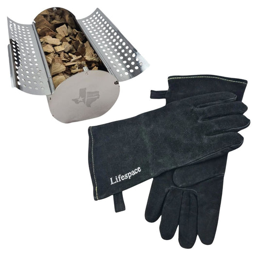 Lifespace SS Mini Wood Chip Smoker Box & Black Leather Glove Bundle