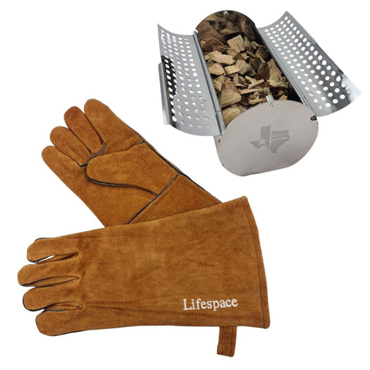 Lifespace SS Mini Wood Chip Smoker Box & Brown Leather Glove Bundle
