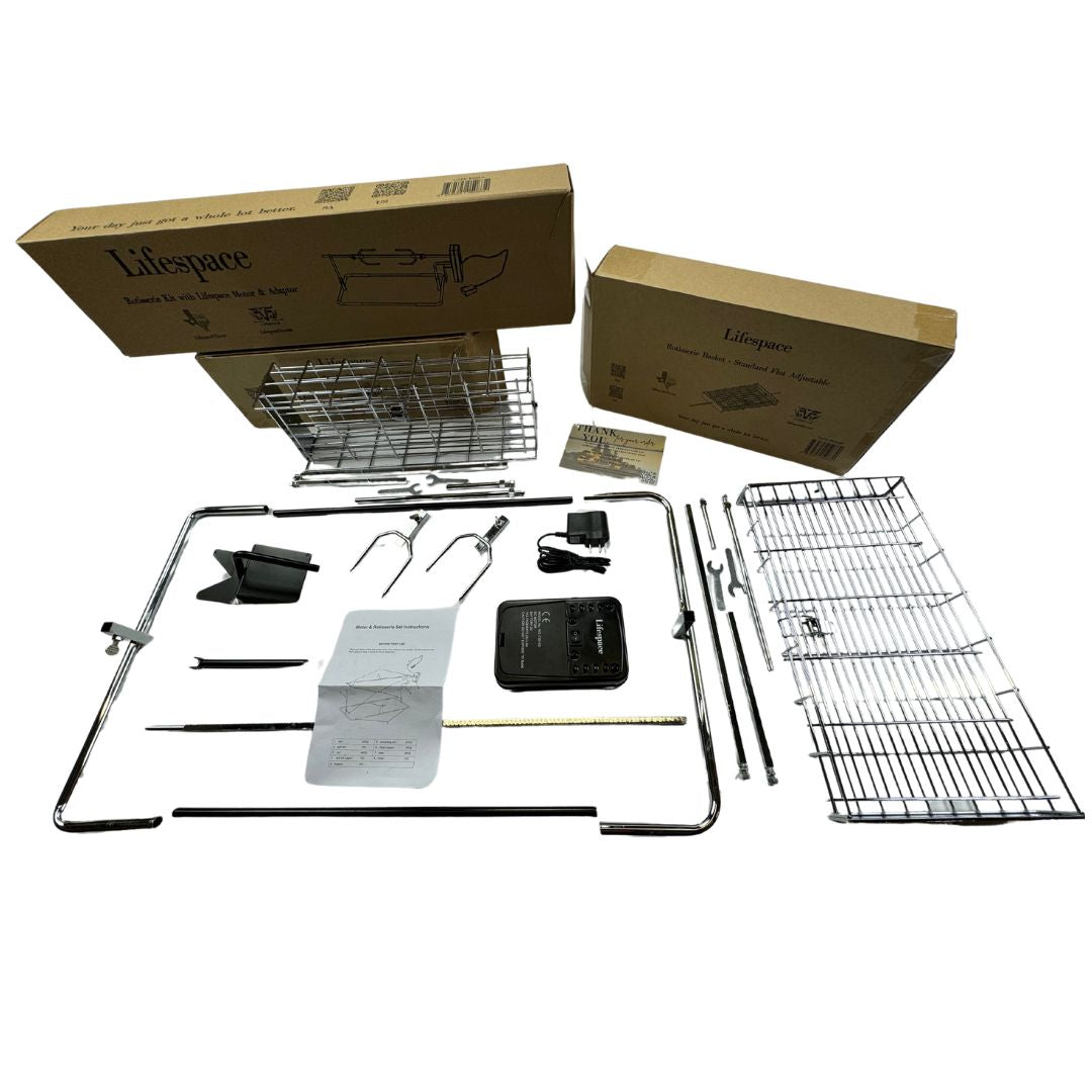 Lifespace Ultimate Spit Roast Kit with Shaft & Prongs, Motor, Power Adaptor, Flat & Deep Basket Bundle