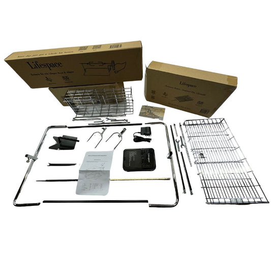 Lifespace Ultimate Spit Roast Kit with Shaft & Prongs, Motor, Power Adaptor, Flat & Deep Basket Bundle