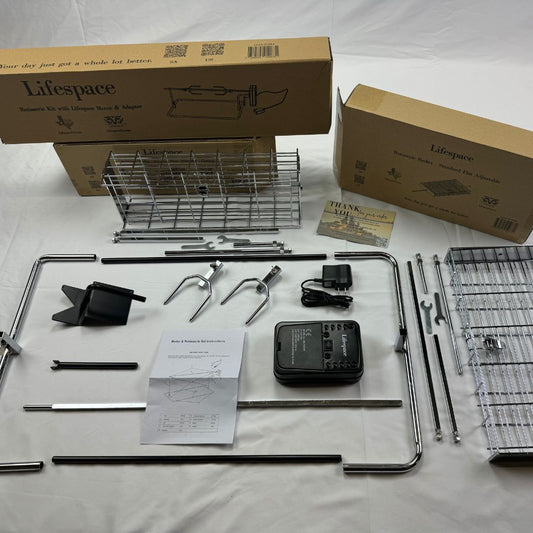 Lifespace Ultimate Spit Roast Kit with Shaft & Prongs, Motor, Power Adaptor, Flat & Deep Basket Bundle