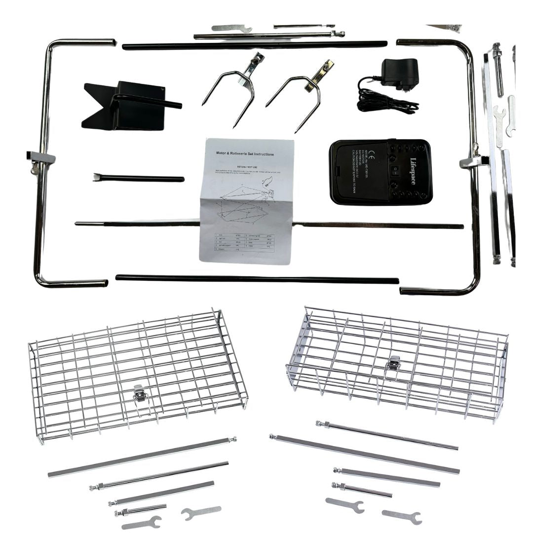 Lifespace Ultimate Spit Roast Kit with Shaft & Prongs, Motor, Power Adaptor, Flat & Deep Basket Bundle