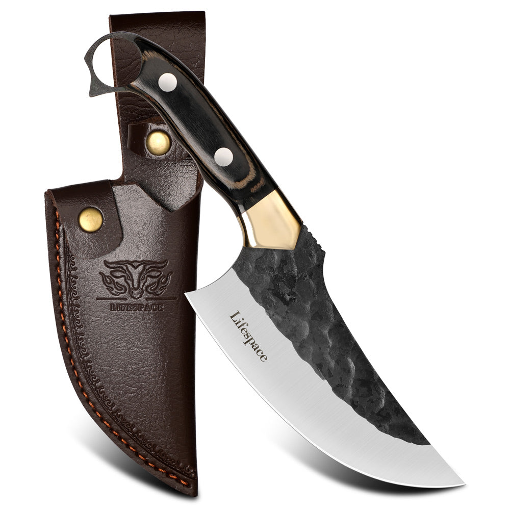 Lifespace 6" Curved Cleaver with Finger Ring, Pakka Wood Handle and Embossed Sheath