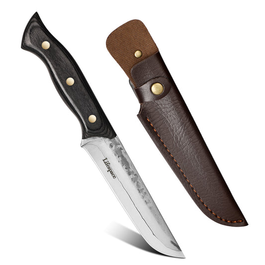 Lifespace Damascus Steel 5 Inch Utility Knife with Grey Wood Handle and Sheath