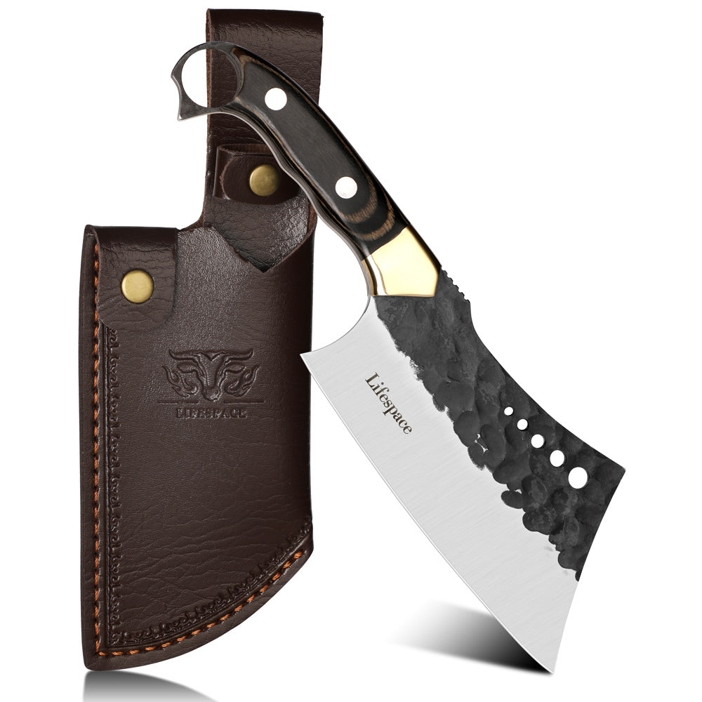 Lifespace 6" Straight Cleaver with Finger Ring, Pakka Wood Handle and Embossed Sheath
