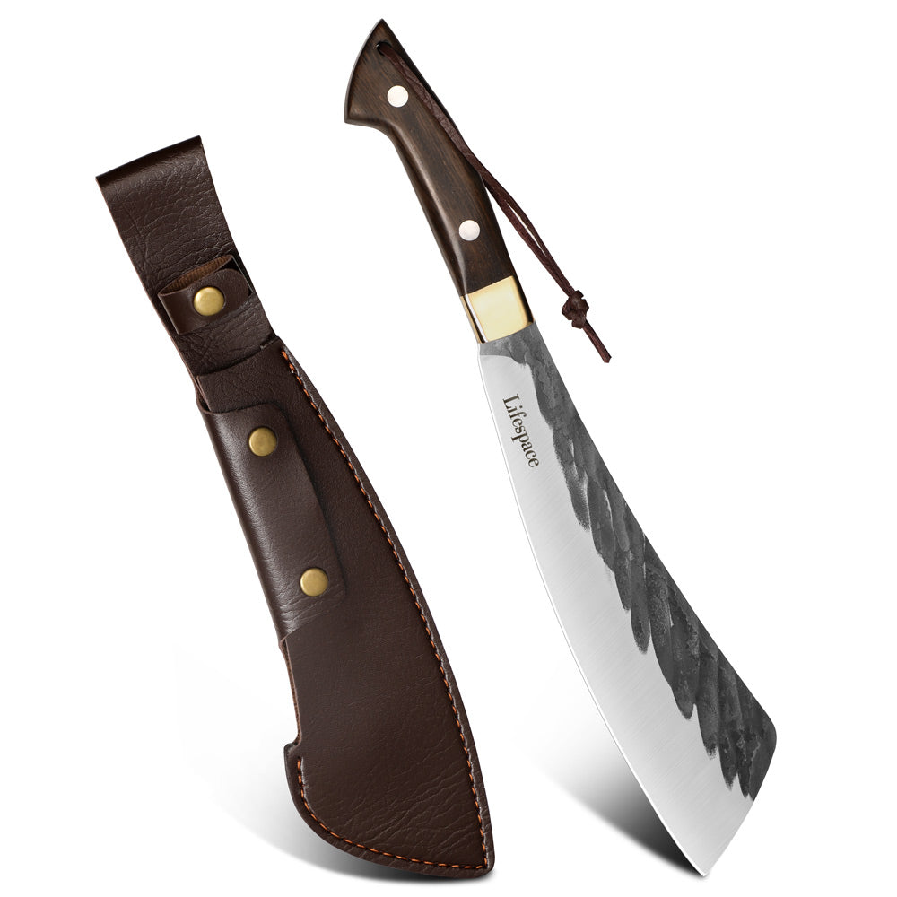 Lifespace Chopping Cleaver with Grey Wood and Copper Bolster Handle with Leather Sheath