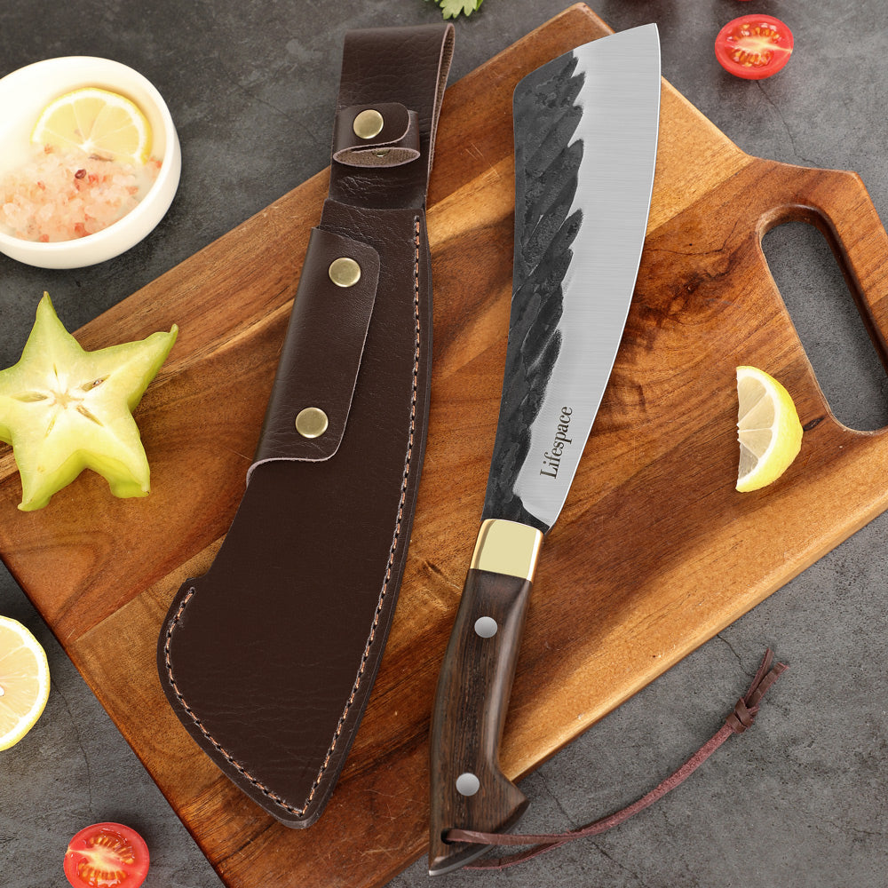Lifespace Chopping Cleaver with Grey Wood and Copper Bolster Handle with Leather Sheath