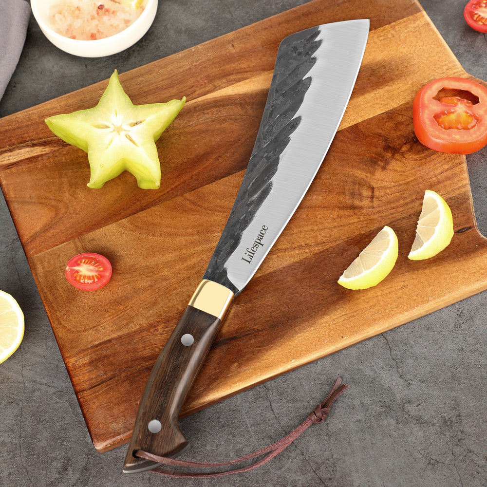 Lifespace Chopping Cleaver with Grey Wood and Copper Bolster Handle with Leather Sheath