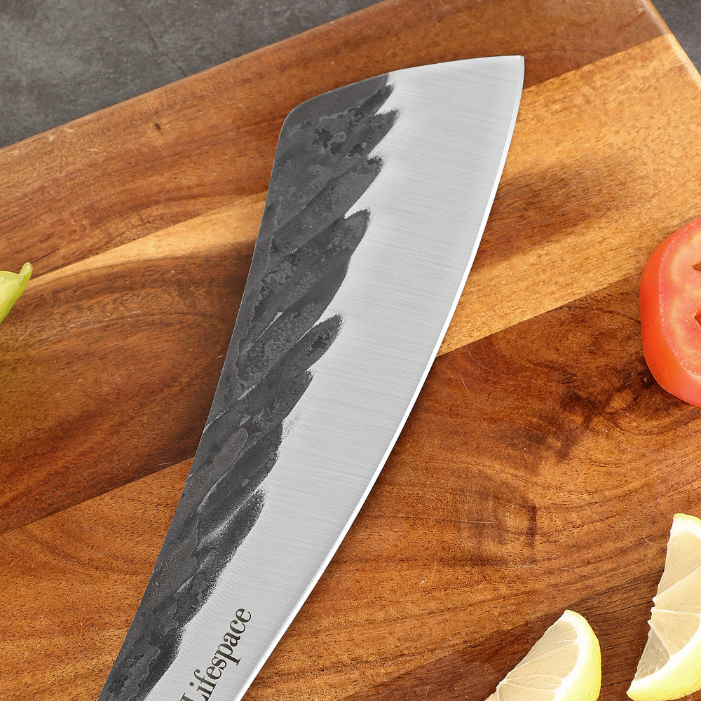 Lifespace Chopping Cleaver with Grey Wood and Copper Bolster Handle with Leather Sheath