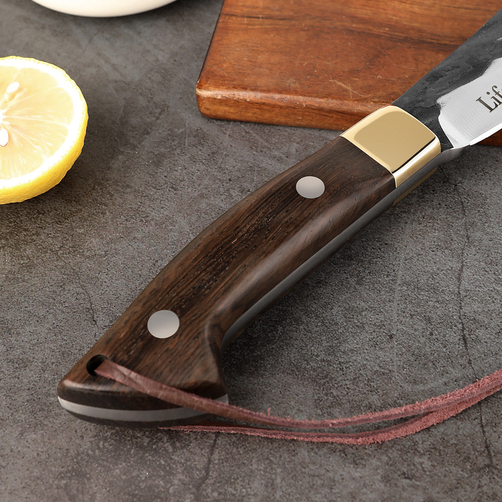 Lifespace Chopping Cleaver with Grey Wood and Copper Bolster Handle with Leather Sheath