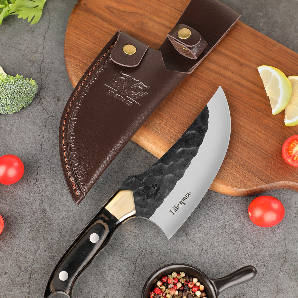 Lifespace 6" Curved Cleaver with Finger Ring, Pakka Wood Handle and Embossed Sheath