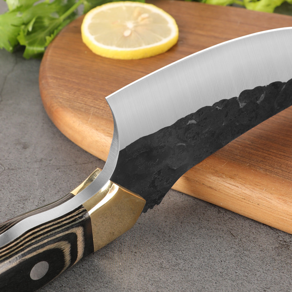 Lifespace 6" Curved Cleaver with Finger Ring, Pakka Wood Handle and Embossed Sheath