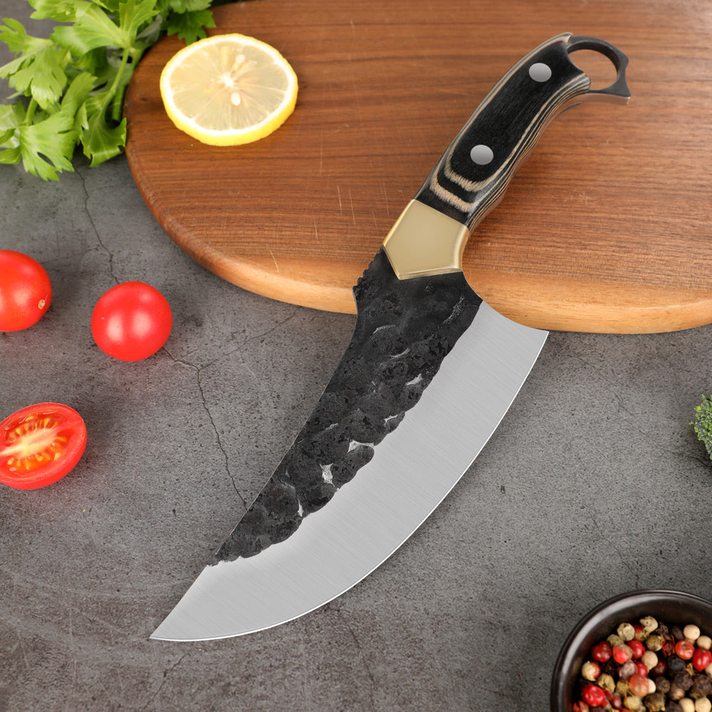 Lifespace 6" Curved Cleaver with Finger Ring, Pakka Wood Handle and Embossed Sheath