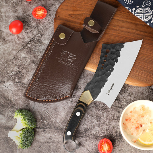 Lifespace 6" Straight Cleaver with Finger Ring, Pakka Wood Handle and Embossed Sheath