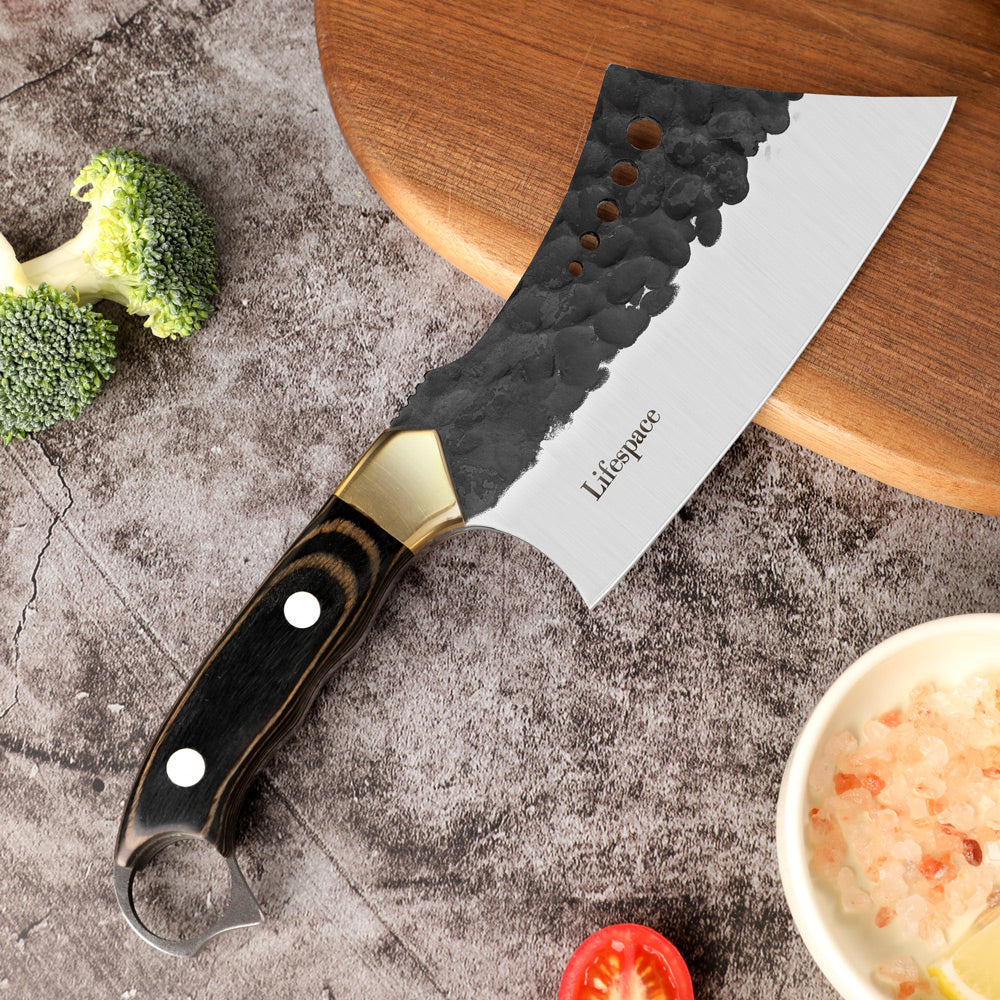 Lifespace 6" Straight Cleaver with Finger Ring, Pakka Wood Handle and Embossed Sheath