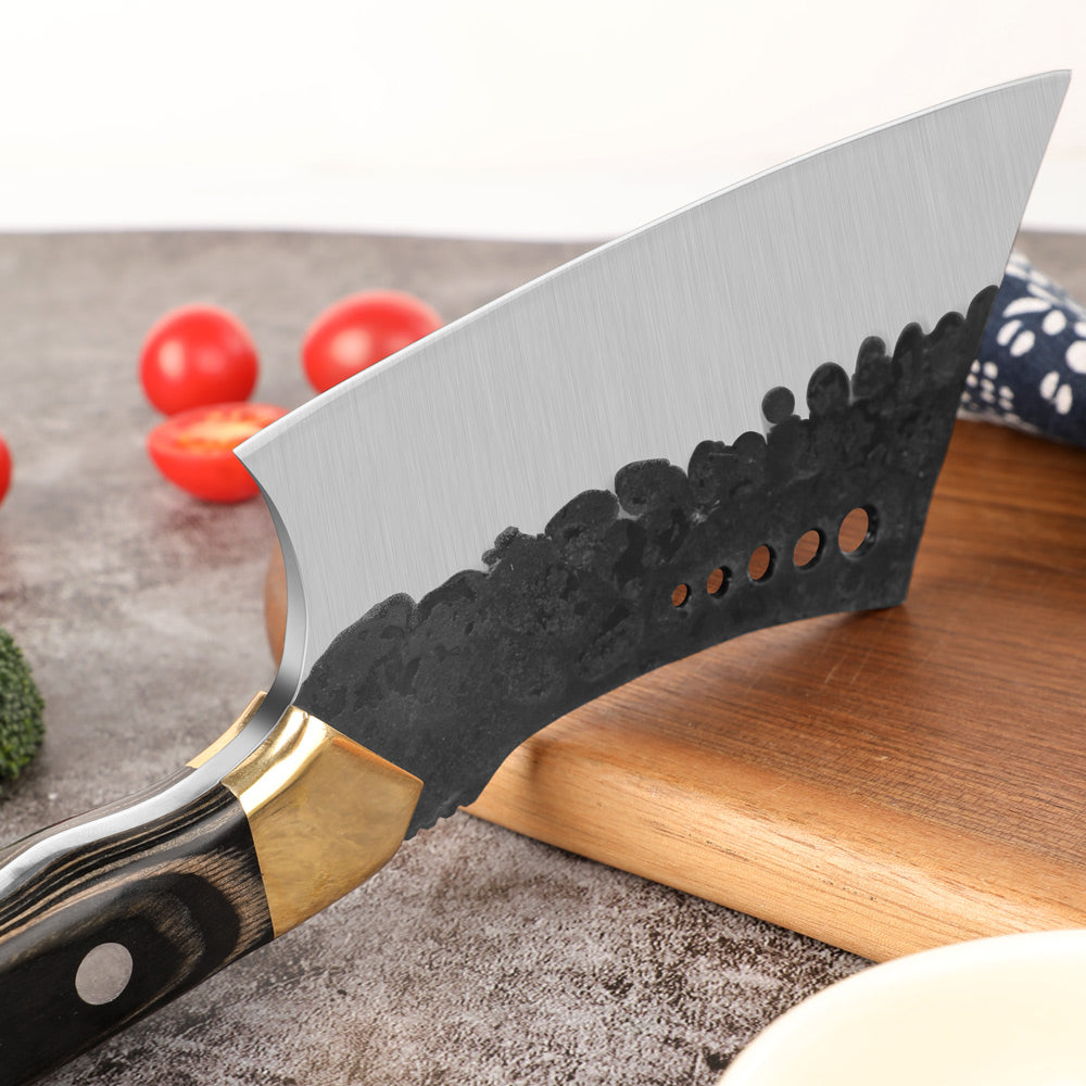 Lifespace 6" Straight Cleaver with Finger Ring, Pakka Wood Handle and Embossed Sheath