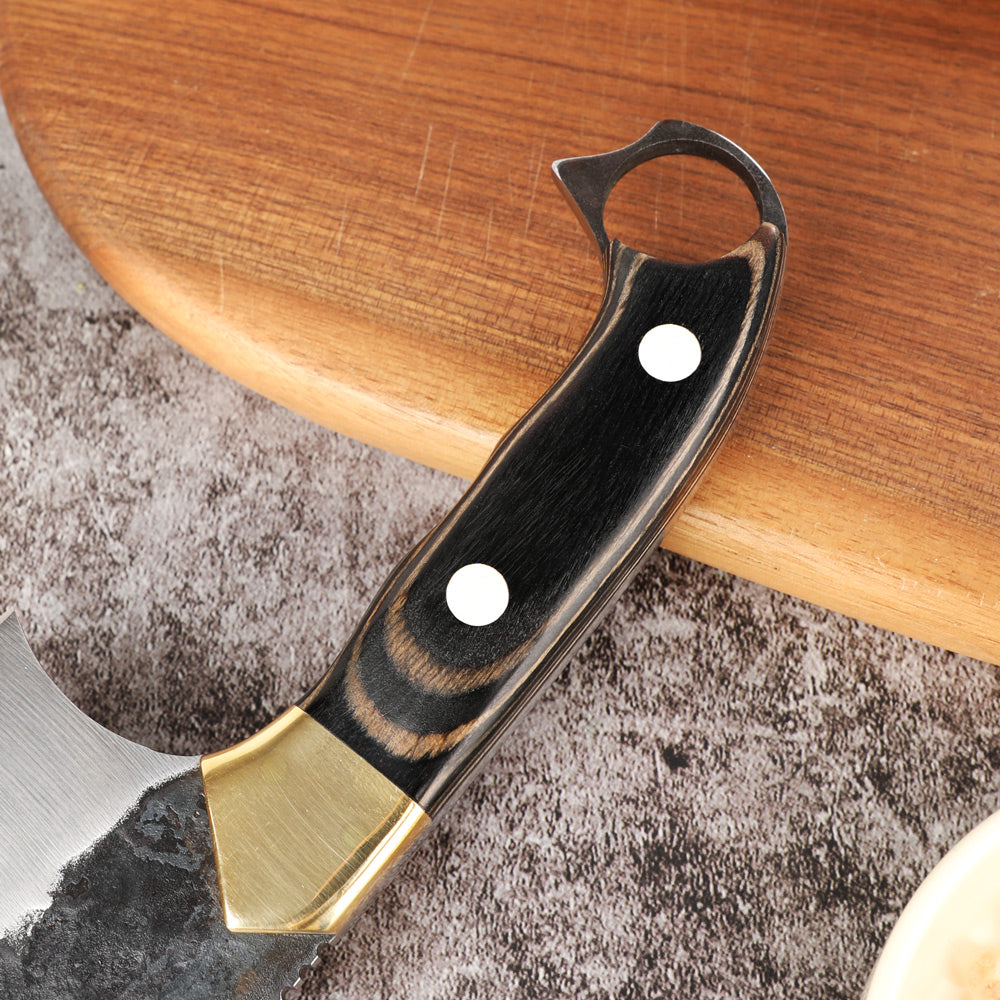 Lifespace 6" Straight Cleaver with Finger Ring, Pakka Wood Handle and Embossed Sheath