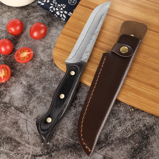 Lifespace Damascus Steel 5 Inch Utility Knife with Grey Wood Handle and Sheath