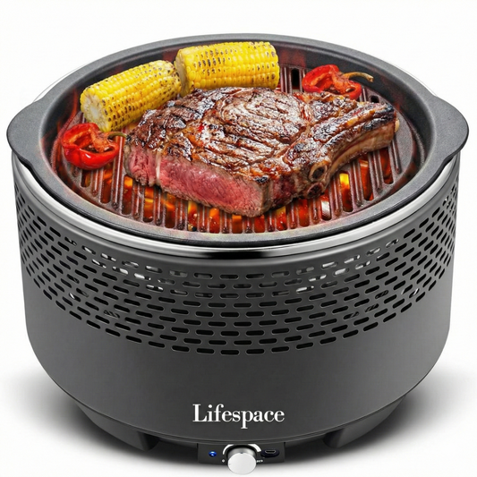 NEW UPGRADED Lifespace Portable Charcoal Grill with Turbo Fan (Low Smoke), Cast Iron Grate, Dome Lid & Carry Bag