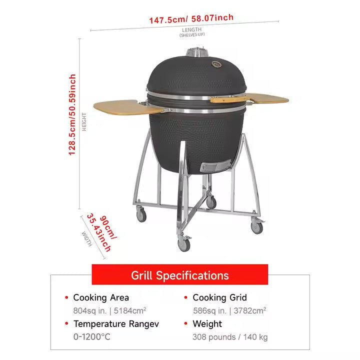 Lifespace Premium Kamado Classic Ceramic Series 29 Inch Charcoal Grill aka "BIG DADDY" with Accessories - Black