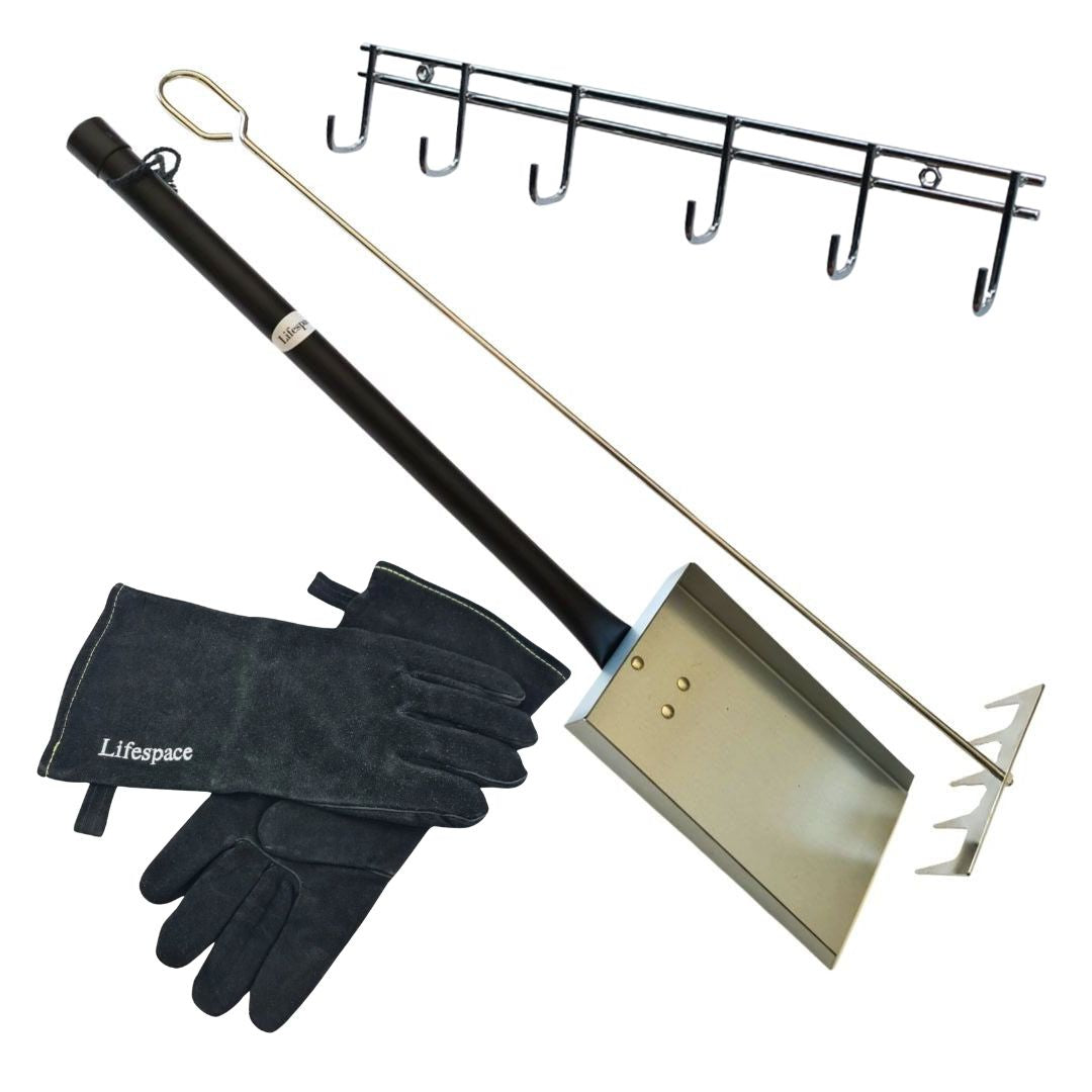 Lifespace 6-hook Utility Rack, Leather Gloves, Coal Scoop & Ember Rake Bundle Kit