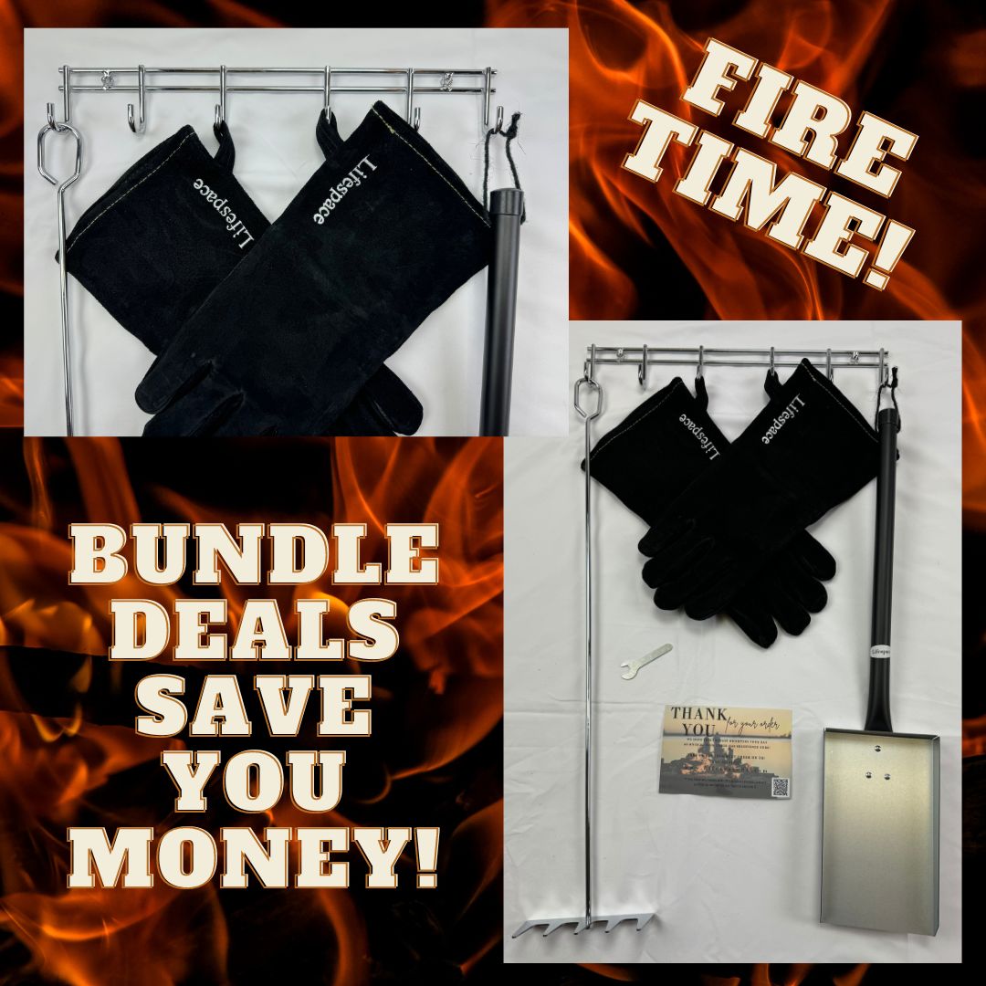 Lifespace 6-hook Utility Rack, Leather Gloves, Coal Scoop & Ember Rake Bundle Kit