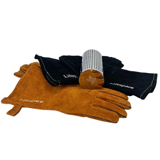Lifespace SS Mini Wood Chip Smoker Box & Brown Leather Glove Bundle