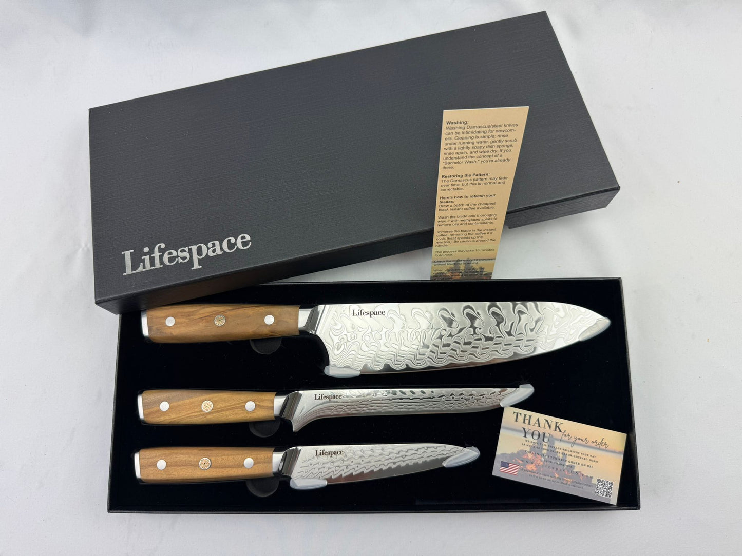 Lifespace Luxury 3pce Olive Wood Handle Full Tang Damascus Blade Chef Knife Set in a Gift Box