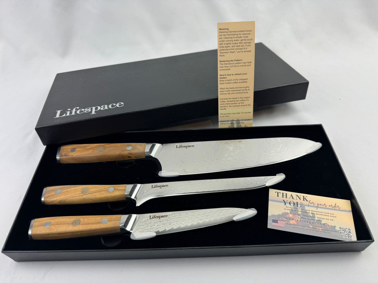 Lifespace Luxury 3pce Olive Wood Handle Full Tang Damascus Blade Chef Knife Set in a Gift Box
