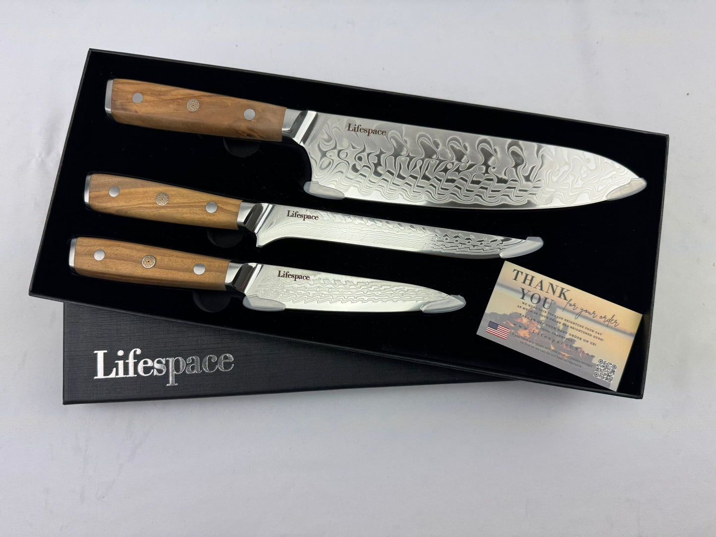 Lifespace Luxury 3pce Olive Wood Handle Full Tang Damascus Blade Chef Knife Set in a Gift Box