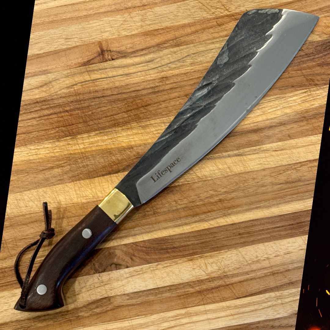 Lifespace Chopping Cleaver with Grey Wood and Copper Bolster Handle with Leather Sheath