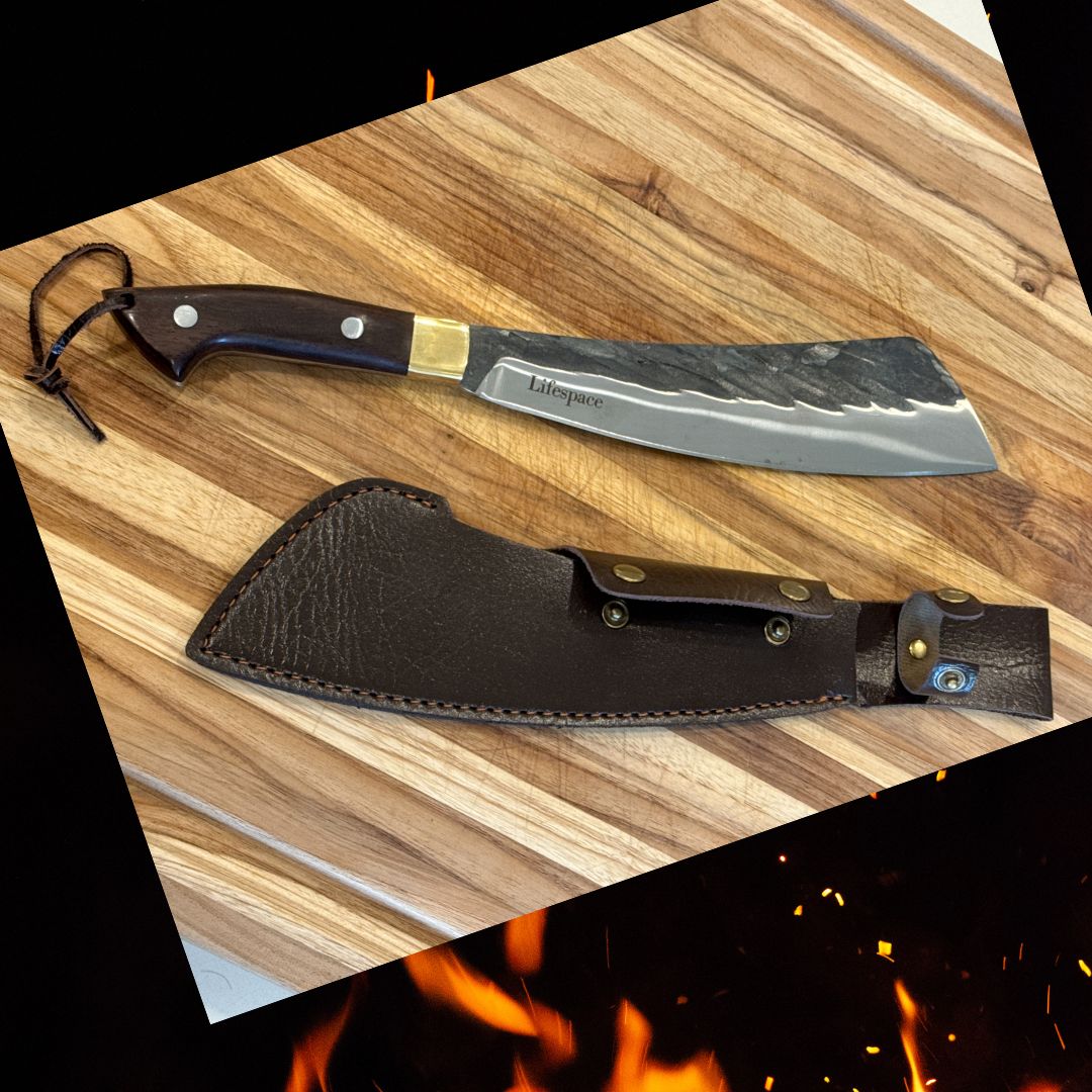 Lifespace Chopping Cleaver with Grey Wood and Copper Bolster Handle with Leather Sheath