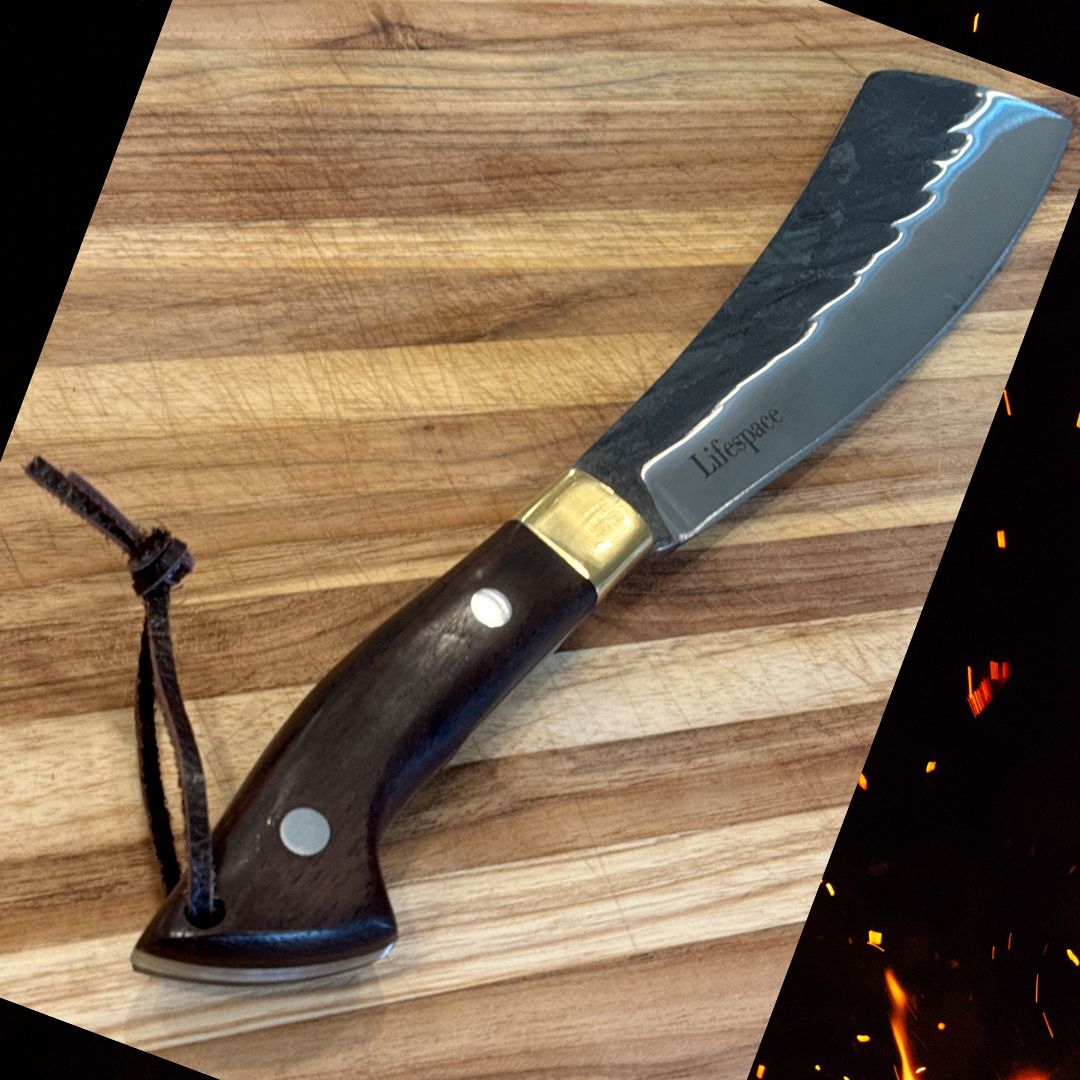 Lifespace Chopping Cleaver with Grey Wood and Copper Bolster Handle with Leather Sheath
