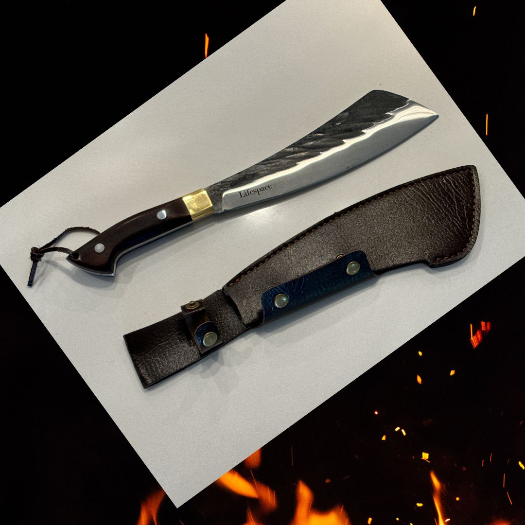 Lifespace Chopping Cleaver with Grey Wood and Copper Bolster Handle with Leather Sheath