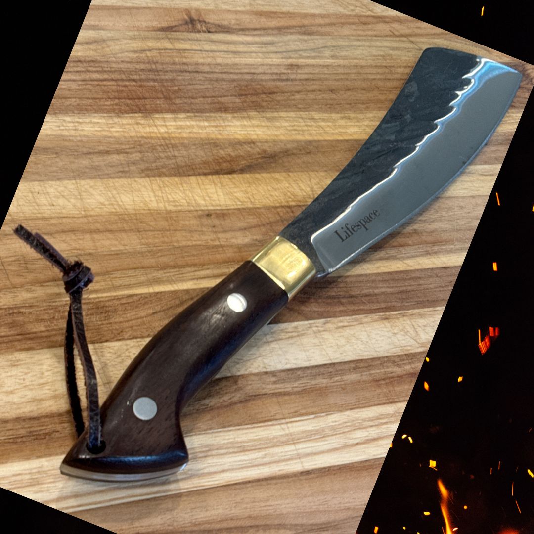 Lifespace Chopping Cleaver with Grey Wood and Copper Bolster Handle with Leather Sheath