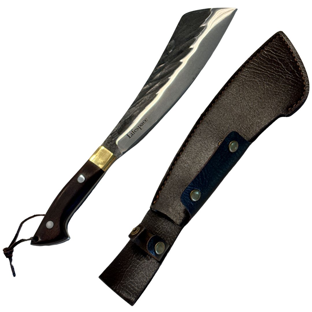 Lifespace Chopping Cleaver with Grey Wood and Copper Bolster Handle with Leather Sheath