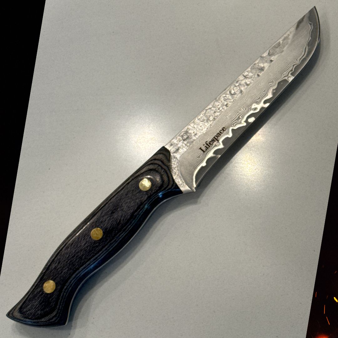 Lifespace Damascus Steel 5 Inch Utility Knife with Grey Wood Handle and Sheath
