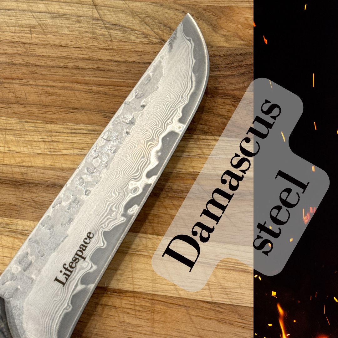 Lifespace Damascus Steel 5 Inch Utility Knife with Grey Wood Handle and Sheath