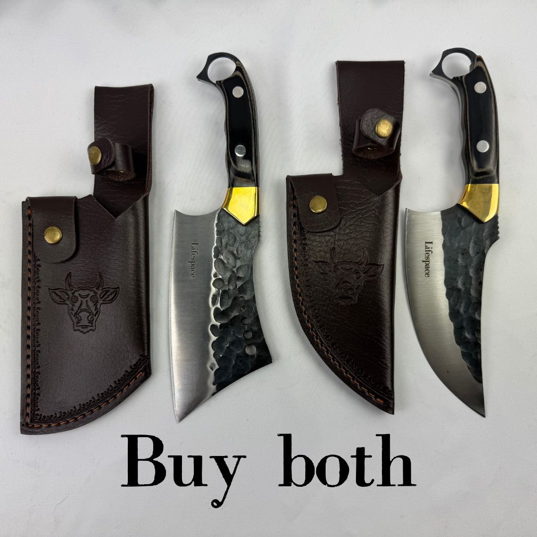 Lifespace 6" Curved Cleaver with Finger Ring, Pakka Wood Handle and Embossed Sheath