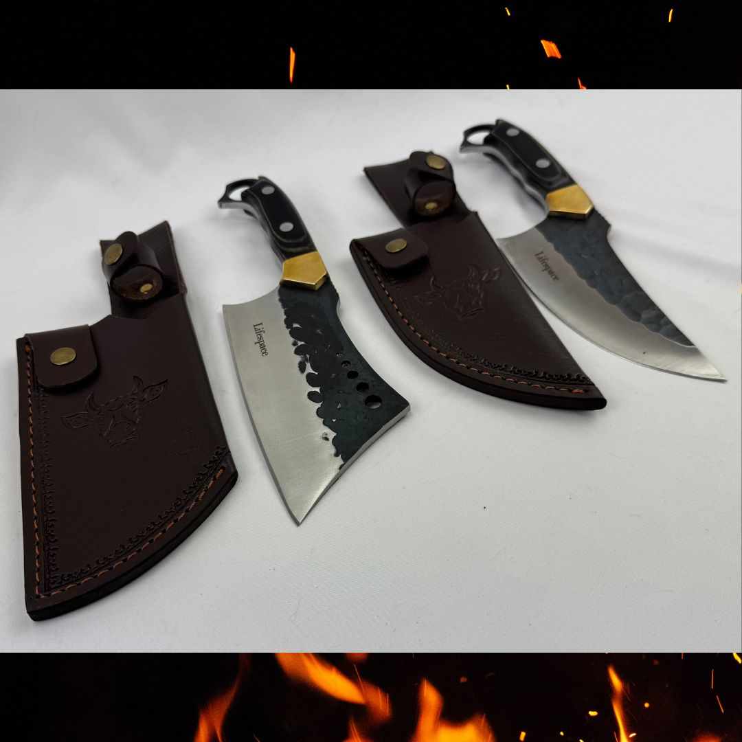Lifespace 6" Curved Cleaver with Finger Ring, Pakka Wood Handle and Embossed Sheath
